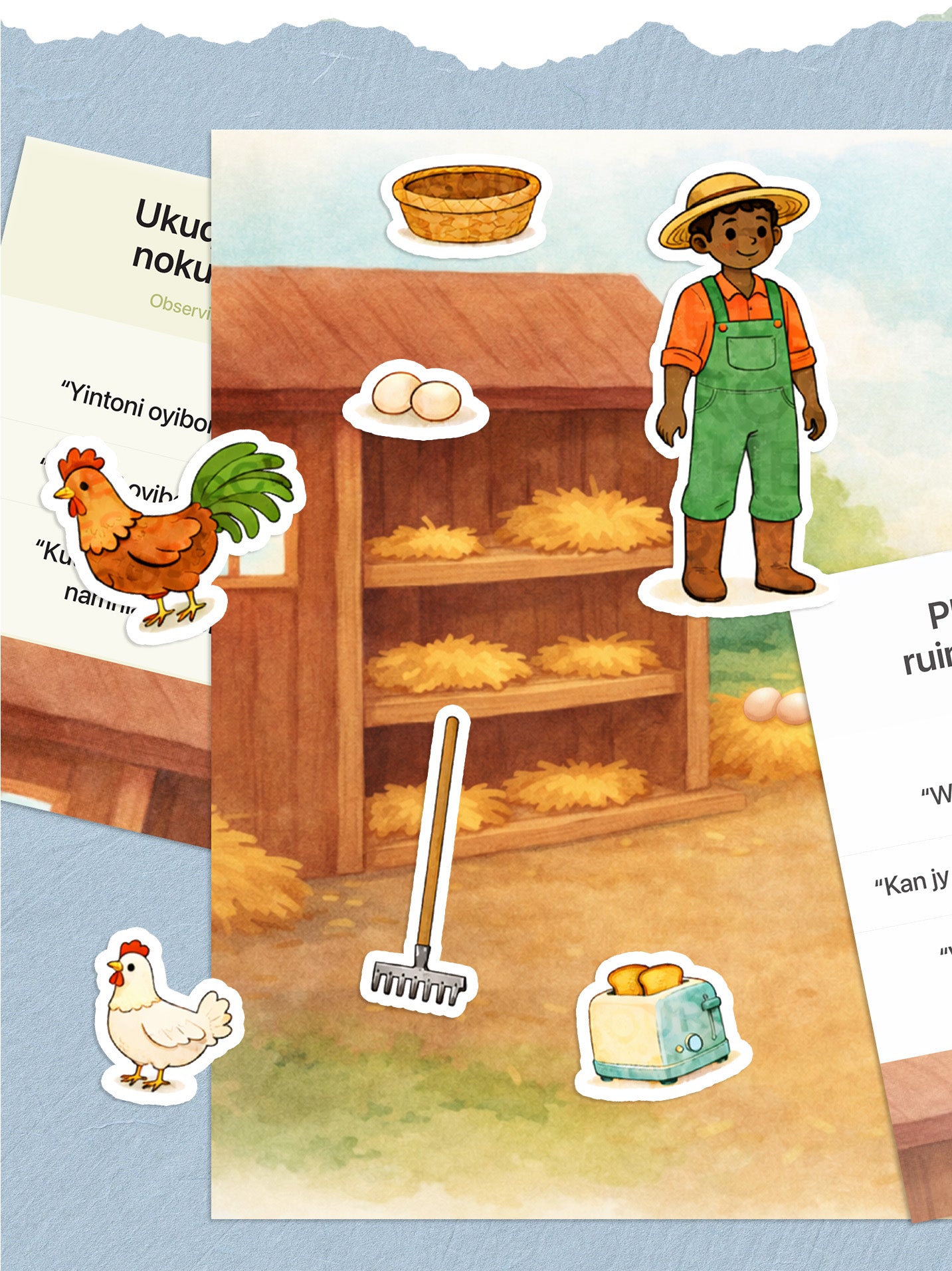 Printable cut-and-place chicken farm scene with character pieces