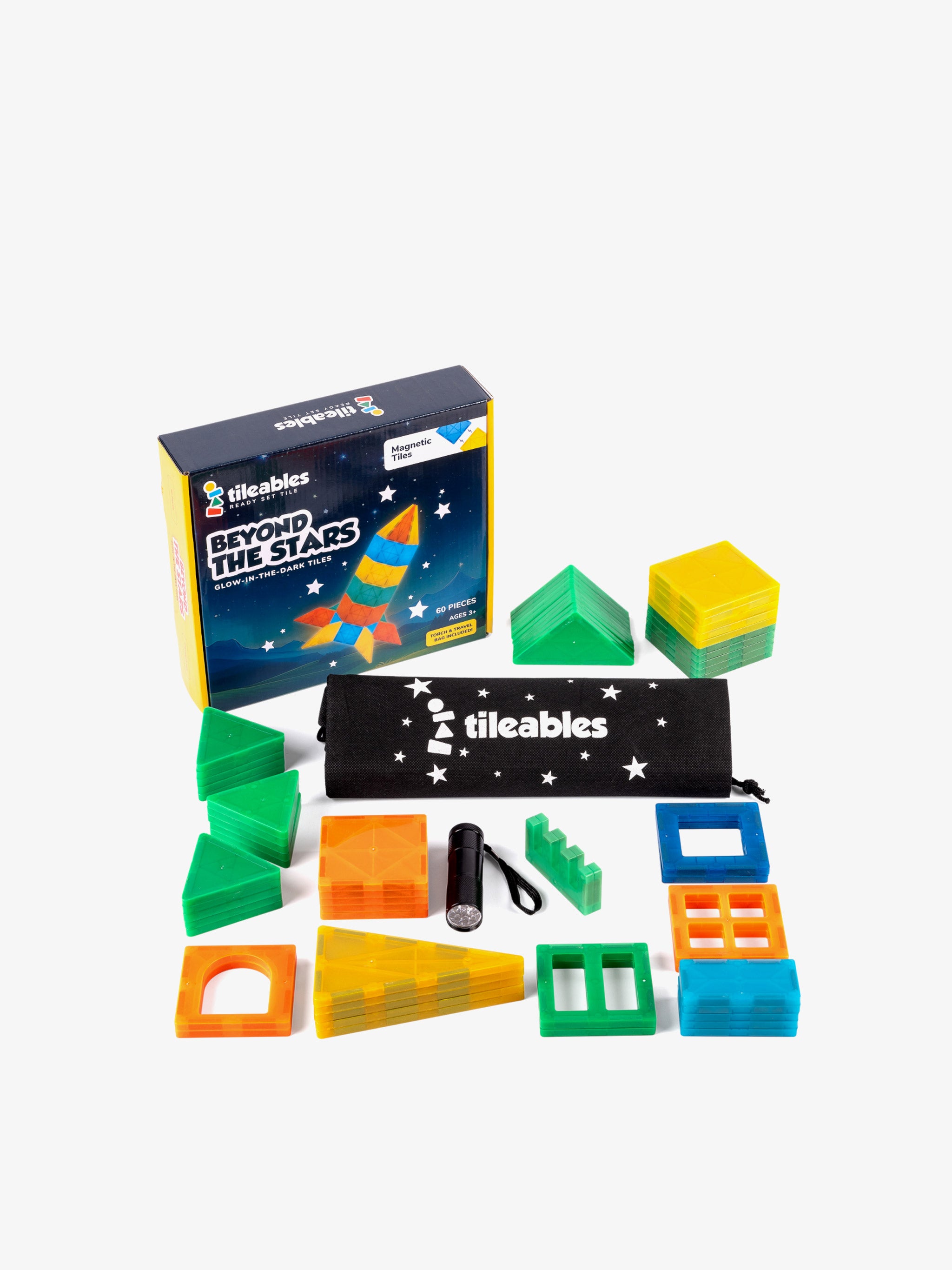 Glow-in-the-Dark Magnetic Tiles (60 Piece, Torch & Travel Bag)