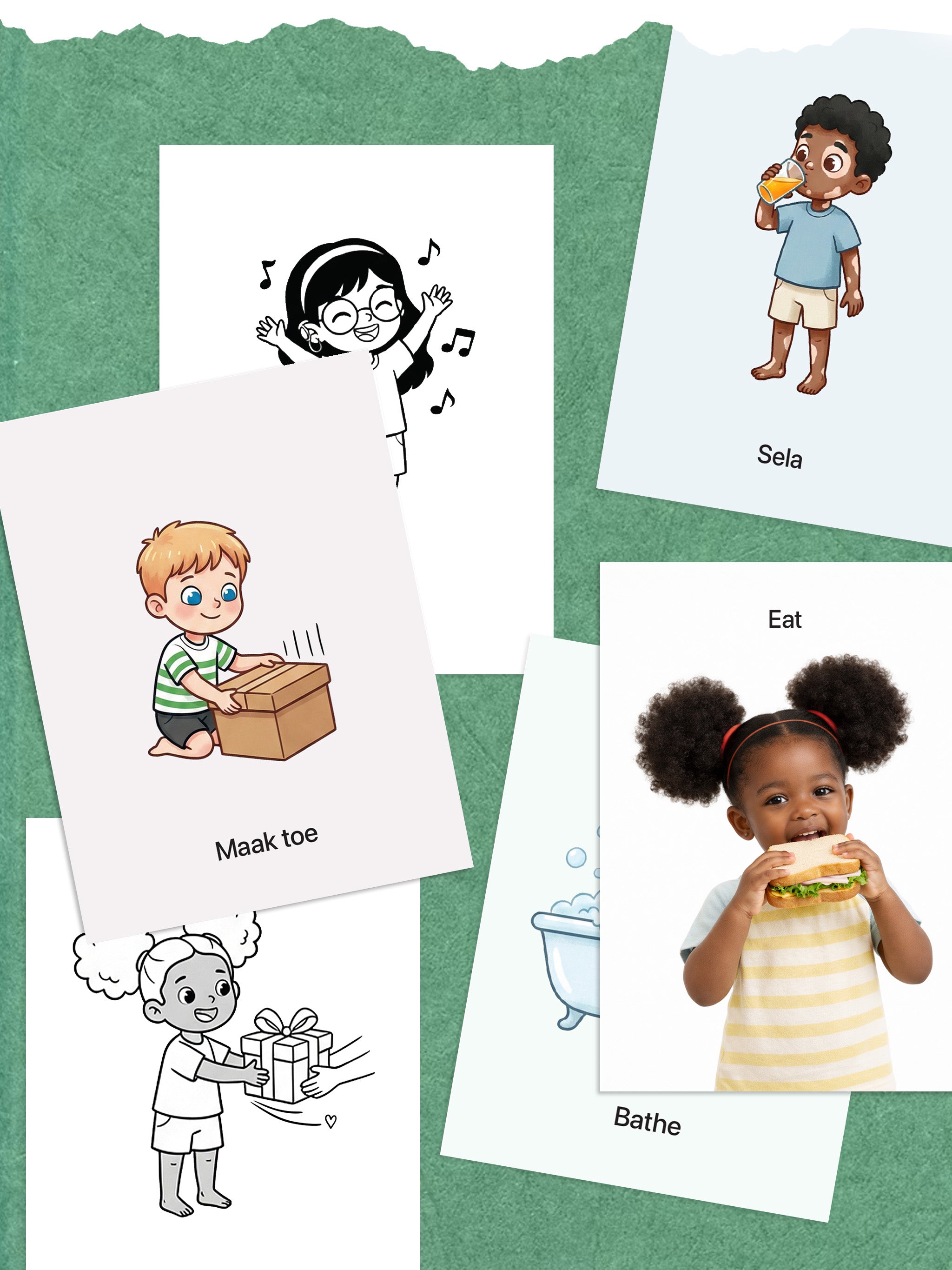 Printable verb cards showing actions across three visual styles